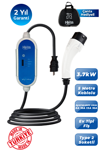 Hims HCTK-G-3 3.7kW Gümüş Taşınabilir Elektrikli Araç Şarj Cihazı görsel 2
