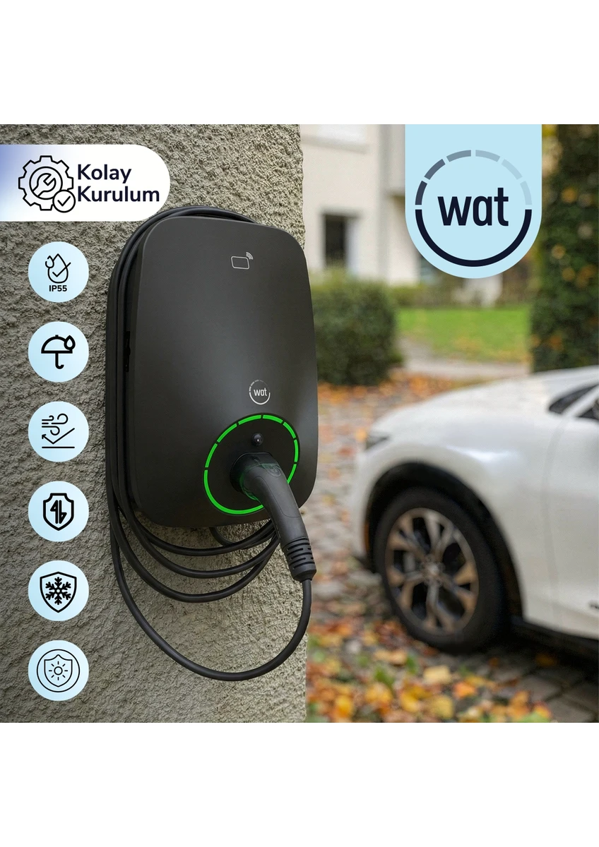 Wat Wat Mobilite 22KW Güçlü Ev Şarj Cihazı 5mt. Dahili Kablo IP55 Koruma Seviyesi ile