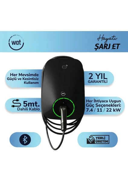 Wat Mobilite 22KW Güçlü Ev Şarj Cihazı 5mt. Dahili Kablo IP55 Koruma Seviyesi ile görsel 3